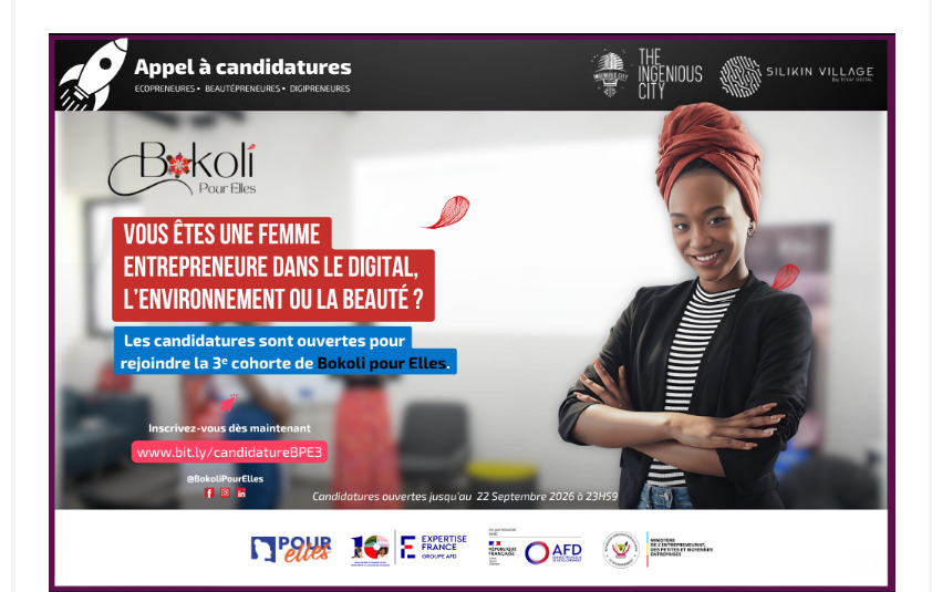 Affiche appel à candidatures Bokoli Pour Elles — 3ᵉ cohorte